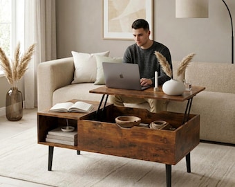 Wooden Coffee Table: Lift Top Table, Modern Living Room Storage Furniture
