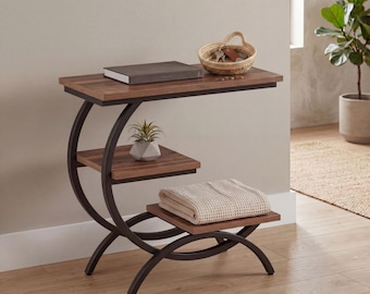 Smalle bijzettafel met 3 planken voor woonkamer, bijzettafel hout voor hal, consoletafel modern