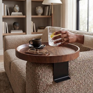 Solid Wood Sofa Armrest Table: Walnut Oak Couch Tray, Adjustable Living Room Side Table