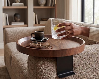 Solid Wood Sofa Armrest Table: Walnut Oak Couch Tray, Adjustable Living Room Side Table