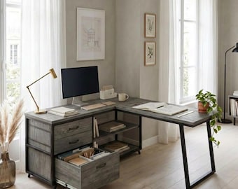Grey Walnut L-Shaped Desk: Reversible Corner Workstation with 3 Drawers, 2 Shelves