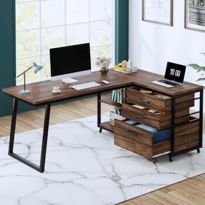 Walnut Corner Desk: L-Shaped Office Computer Table with 3 Drawers, 2 Shelves