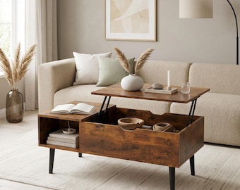 Oak Wooden Adjustable Coffee Table: Lift Top Table, Modern Living Room Storage Furniture