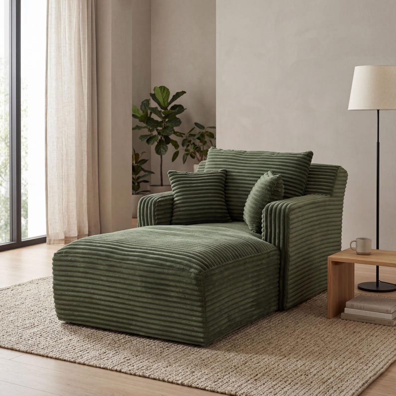 May include: A green corduroy chaise lounge with matching pillows. The lounge has a wide, cushioned seat and backrest, with a separate ottoman. The fabric has a ribbed texture. The room has a neutral color palette with a rug and plants.