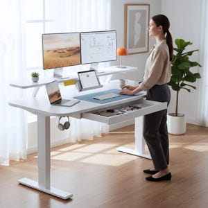Elektro Steh-Schreibtisch: Ergonomischer Schreibtisch aus Holz mit Schublade und Monitorständer für Home Office
