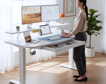 Electric Standing Desk: Ergonomic Wooden Desk with Drawer and Monitor Stand for Home Office