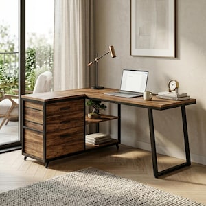 Op de afbeelding: L-vormig houten bureau met een donkerbruine afwerking en een zwart metalen frame. Het bureau heeft drie lades, open schappen en een laptop. Een kleine bonsai, boeken, een mok en een klok staan op het bureau.
