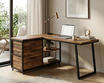 Walnut Corner Desk: L-Shaped Office Computer Table with 3 Drawers, 2 Shelves