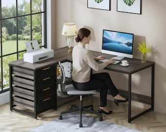 Industrial Walnut Wood Corner Desk: Reversible L-Shaped Workstation with 4 Drawers, 2 Shelves