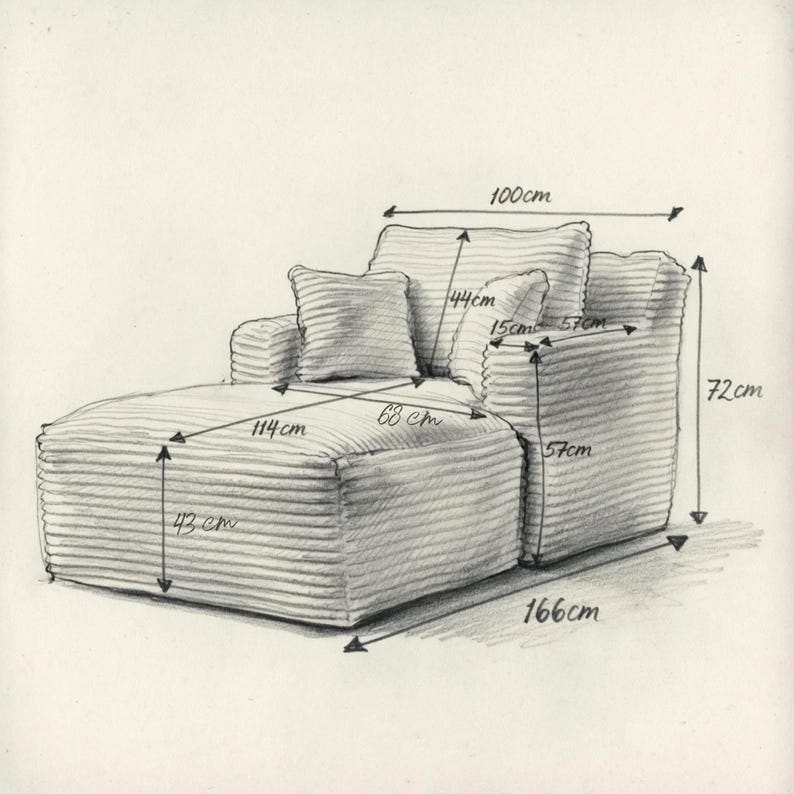 May include: A pencil sketch of a chaise lounge with a matching pillow. The dimensions are labeled in centimeters: 166 cm long, 100 cm wide, and 72 cm high. The seat is 114 cm long and 43 cm high.