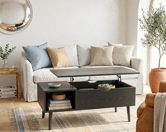 Black Oak Lift Top Coffee Table: Hidden Storage, Adjustable Living Room Side Table