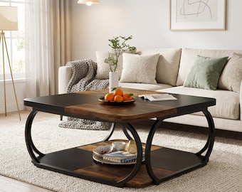 Large Square Walnut Coffee Table: 2-Tier Storage, Modern Living Room Furniture