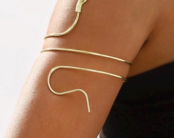 Gold Snake Arm Cuff, Serpent Upper Arm Bracelet, Adjustable Bangle, Greek Goddess Statement Piece