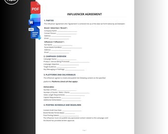 Sjabloon influencer-overeenkomst Bewerkbaar contract Canva pdf Word Google Docs Social-mediacontract Direct downloaden