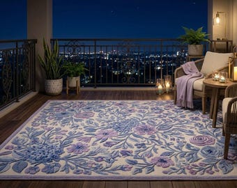 Hand Tufted Floral Rug, Blue Lavender Botanical Carpet, Vintage  Rug, Soft Luxury Living Room ,