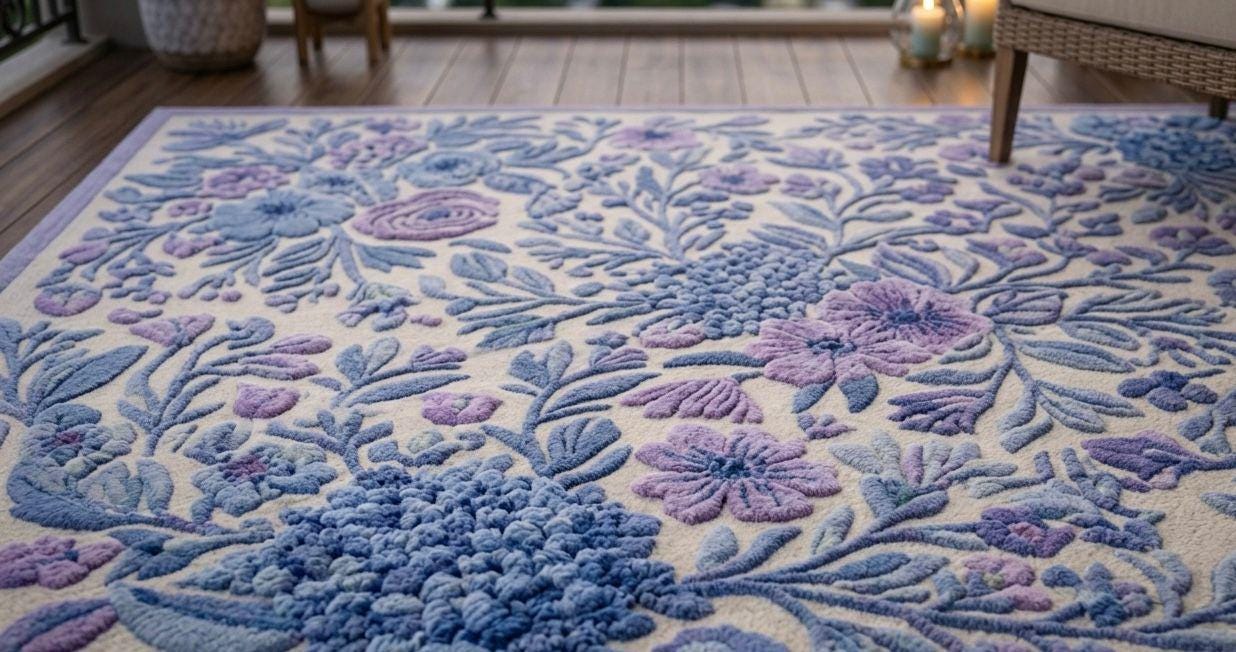 Hand Tufted Floral Rug, Blue Lavender Botanical Carpet, Vintage Rug ...