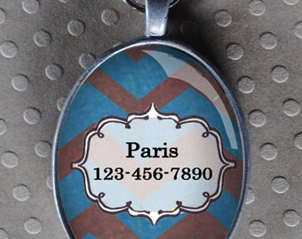 Pet iD tag oval CAT ID small breed Dog Tag Cat Tag by California Kitties blue and grey zig zag UTO5559