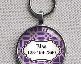 Pet iD tag one inch round CAT ID small breed Dog Tag Dog Tag Cat Tag by California Kitties bright purple and white lattice round ID CT2060