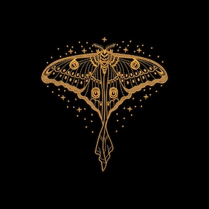 May include: A gold-colored illustration of a moth with intricate wing patterns and a detailed body, set against a black background. The moth is surrounded by small star-like shapes, creating a celestial design.