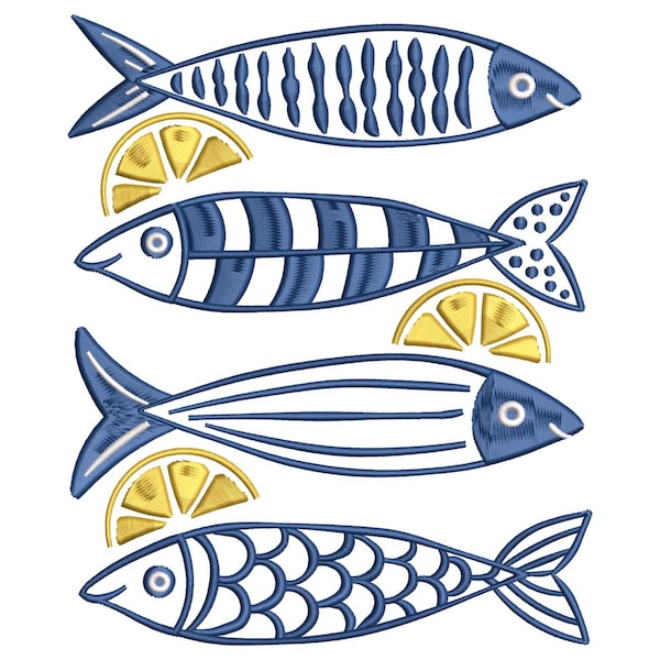 Sardine Fishing Lemon Embroidery Design, Mediterranean Fish Pattern, Instant Download