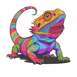 May include: A colorful embroidered design of a bearded dragon. The reptile features a vibrant palette of rainbow hues, including pink, blue, yellow, and green. The dragon is depicted with intricate details, showcasing its scales and spiky features.