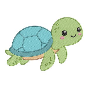 May include: A cute cartoon turtle with a light green head and limbs, a blue shell, and a peach-colored belly. The turtle has a smiling face with black eyes and pink cheeks. The design is an embroidered patch.