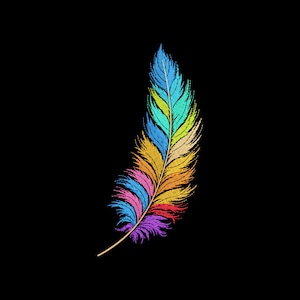 Könnte beinhalten: Eine farbenfrohe Feder-Illustration vor schwarzem Hintergrund. Die Feder zeigt einen Farbverlauf aus leuchtenden Farben, darunter Blau, Grün, Gelb, Orange, Rosa und Lila. Der Federschaft ist hellbraun.