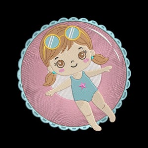 May include: An embroidered design of a cartoon girl floating on a pink inflatable ring. The girl wears a blue swimsuit with a pink star and has sunglasses on her head. The inflatable ring is surrounded by a light blue scalloped border.