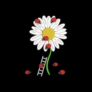 May include: An embroidered design of a daisy with white petals and a yellow center, surrounded by several red ladybugs with black spots. A small white ladder leans against the green stem, with ladybugs climbing it.