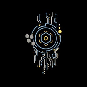 May include: A digital design with a futuristic theme. The image features a central circular element with a hexagonal core, surrounded by circuit-like lines and geometric shapes in light blue, yellow, and gray, set against a black background.