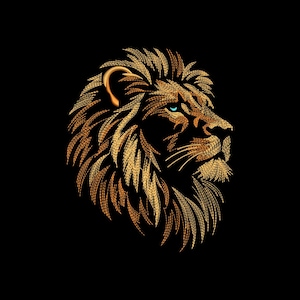 Puede incluir: Ilustración detallada de la cabeza de un león de perfil, renderizada en oro sobre un fondo negro. La melena y los rasgos faciales del león están intrincadamente diseñados, con penetrantes ojos azules.