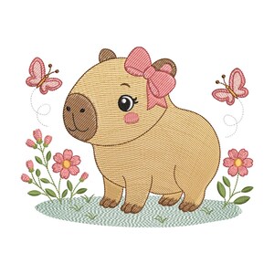 May include: Embroidered illustration of a capybara wearing a pink bow, surrounded by pink flowers and butterflies. The capybara is light brown with a darker brown nose and feet, set against a white background.