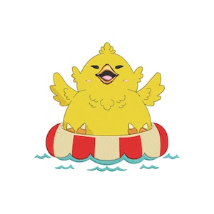 Puede incluir: Ilustración de un pollito amarillo flotando en una boya a rayas rojas y blancas sobre agua azul. El pollito tiene las alas extendidas y la boca abierta. Imagen de estilo caricatura sobre fondo blanco.