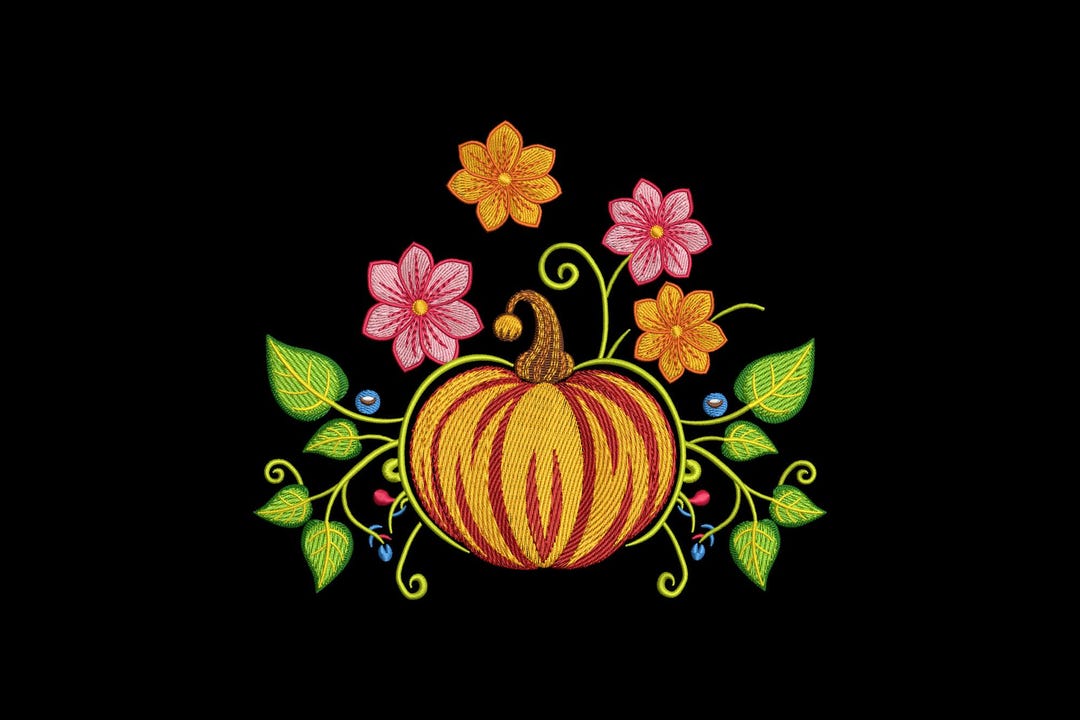 Floral Pumpkin Machine Embroidery Design, Fall Harvest Floral Pattern ...