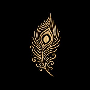 May include: A gold-colored peacock feather design on a black background. The feather features intricate details, including a central eye-like pattern and delicate lines. The design has a symmetrical shape and a decorative, ornamental style.
