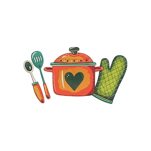 Könnte beinhalten: Eine farbenfrohe Illustration von Küchenutensilien, darunter ein roter Topf mit einem Herz, ein grüner Ofenhandschuh und zwei Utensilien mit Holzgriffen. Der Topf hat einen orangen Deckel und der Ofenhandschuh hat ein grünes Rautenmuster.