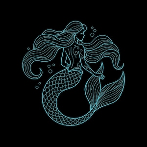 May include: A teal line art illustration of a mermaid on a black background. The mermaid has long flowing hair, a scaled tail, and is surrounded by bubbles. The design is detailed and elegant, suitable for various applications.