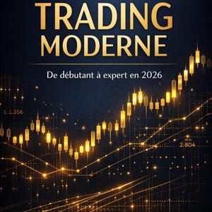 Puede incluir: Portada de libro con el título "TRADING MODERNE" en letras doradas, con el subtítulo "De débutant à expert en 2026". El fondo es azul oscuro con un gráfico bursátil dorado.