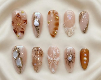 Handmade Amber Starfish Press On Nails - 3D Shell Brown Long Almond Gold Chrome Fritillaria Beach Holiday
