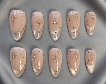 Glitter French Cat Eye Press On Nails - Long Almond Silver Chrome Star - Elegant Birthday Gift for Her