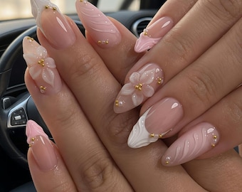 3D Flower White Almond Press On Nails with Gold Rhinestones, Handmade Gel Nails Gift