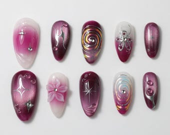 Handmade 3D Gold Chrome Cat Eye Press On Nails - Star Nail Art