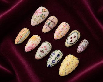 Spring Folk Garden Press On Nails, Hand-Painted Floral Medium Almond, Reusable Handmade Gift Nails