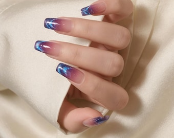 Glittery Pink Red Blue Cat Eye French Press On Nails - Short Reusable