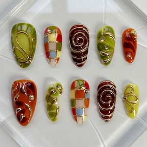 Handmade Green Plaid Press On Nails - Spring Dreamy Long Almond 3D Gold Chrome Swirl Garden Custom
