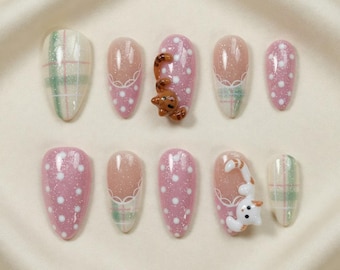 Handmade 3D Kawaii Cute Cat Press On Nails - Pink Polka Dot Long Almond Green Plaid French - Birthday Nails
