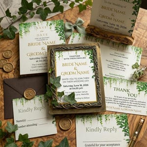 Puede incluir: Conjunto de papelería de boda con temática rústica. Incluye tarjetas de invitación, tarjetas de confirmación de asistencia y un letrero de bienvenida. El diseño presenta hiedra verde y detalles dorados. El conjunto está dispuesto sobre una superficie de madera.