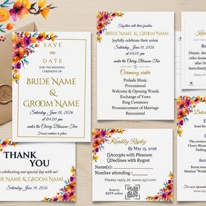 Floral Navy and Gold Wedding Invitation Set Template, Editable Wedding Suite Bundle with Welcome Sign, Summer Garden Wedding, Canva editable