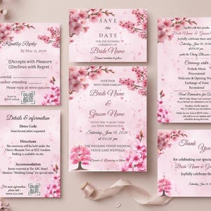 May include: A set of pink wedding stationery with cherry blossom accents. The set includes invitation cards, RSVP cards, and a thank you card. The text on the cards includes the names of the bride and groom, the wedding date, and other details.