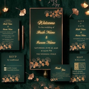 9-Piece Luxury Forest Green Wedding Suite, Editable Copper Ginkgo Invitation Bundle, QR Code RSVP, Mobile E-Invite, Canva Template Set,